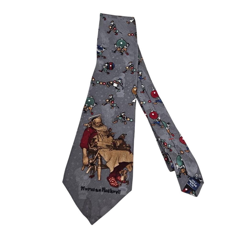 Vintage 90s Hallmark Celebrations Santa Norman Rockwell Neck Tie Silk Christmas